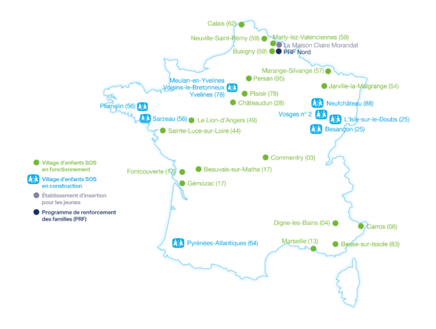 Carte des nouveaux villages d'enfants SOS en France